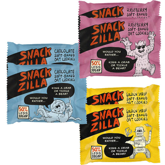 Snackzilla Soft-Baked Oat Cookies – Mixed Bundle | Raspberry | Chocolate | Golden Syrup