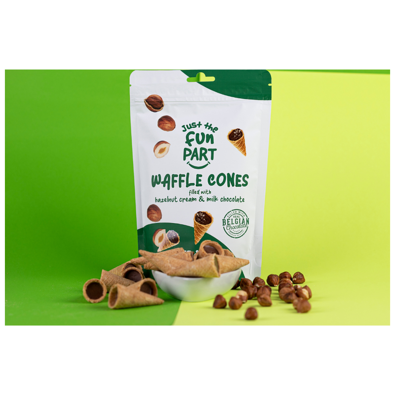 Load image into Gallery viewer, Just The Fun Part Hazelnut Cream &amp; Milk Chocolate Waffle Cones with Premium Belgian Chocolate 120g - Chocolate Filled Bite Sized Crispy Mini Waffles
