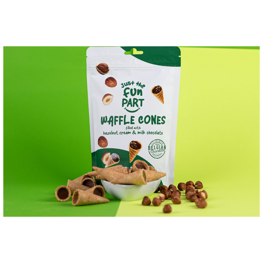 Just The Fun Part Hazelnut Cream & Milk Chocolate Waffle Cones with Premium Belgian Chocolate 120g - Chocolate Filled Bite Sized Crispy Mini Waffles