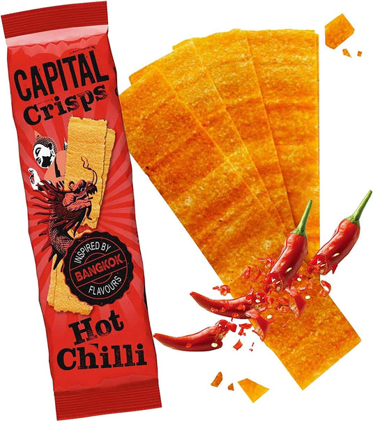 Capital Crisps Bangkok Hot Chilli Pack of 10 x 75g - Elongated Crisps. Multipack Crisps, Vegetarian Snacks, Healthy Snack