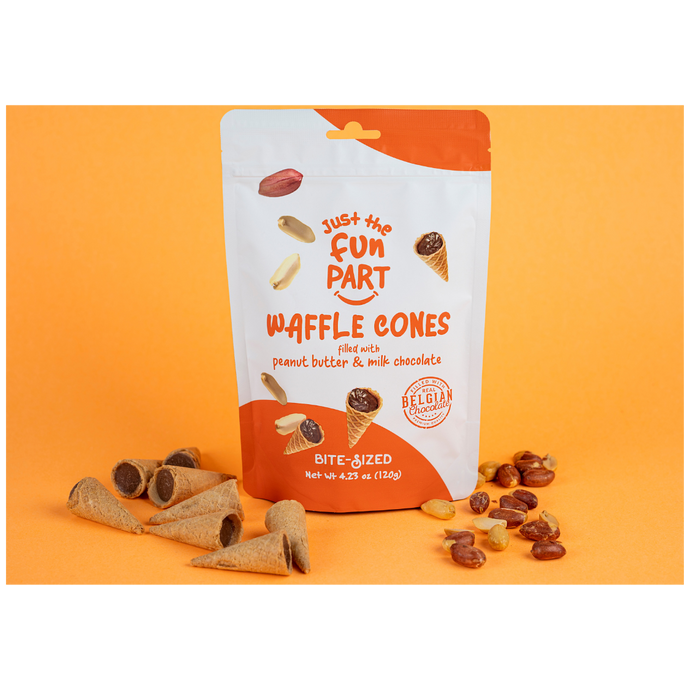 Just The Fun Part Peanut Butter & Milk Chocolate Waffle Cones with Premium Belgian Chocolate 120g - Chocolate Filled Bite Sized Crispy Mini Waffles