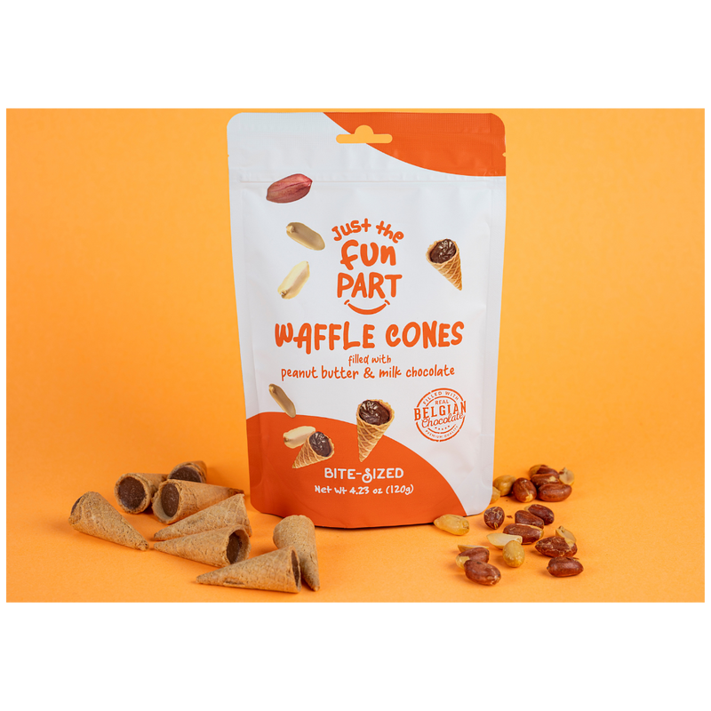 Load image into Gallery viewer, Just The Fun Part Peanut Butter &amp; Milk Chocolate Waffle Cones with Premium Belgian Chocolate 120g - Chocolate Filled Bite Sized Crispy Mini Waffles
