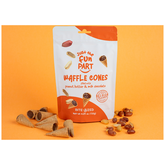 Just The Fun Part Peanut Butter & Milk Chocolate Waffle Cones with Premium Belgian Chocolate 120g - Chocolate Filled Bite Sized Crispy Mini Waffles