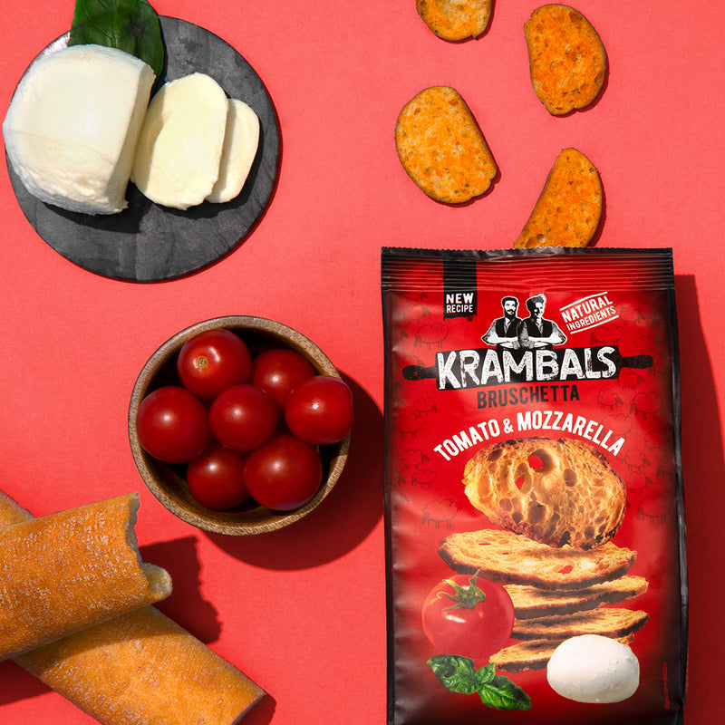 Load image into Gallery viewer, KRAMBALS Bruschetta Tomato &amp; Mozzarella Crisps 140g - Baked Crisps Bruschetta Bread Snacks Palm Oil Free Cheese Snack Box
