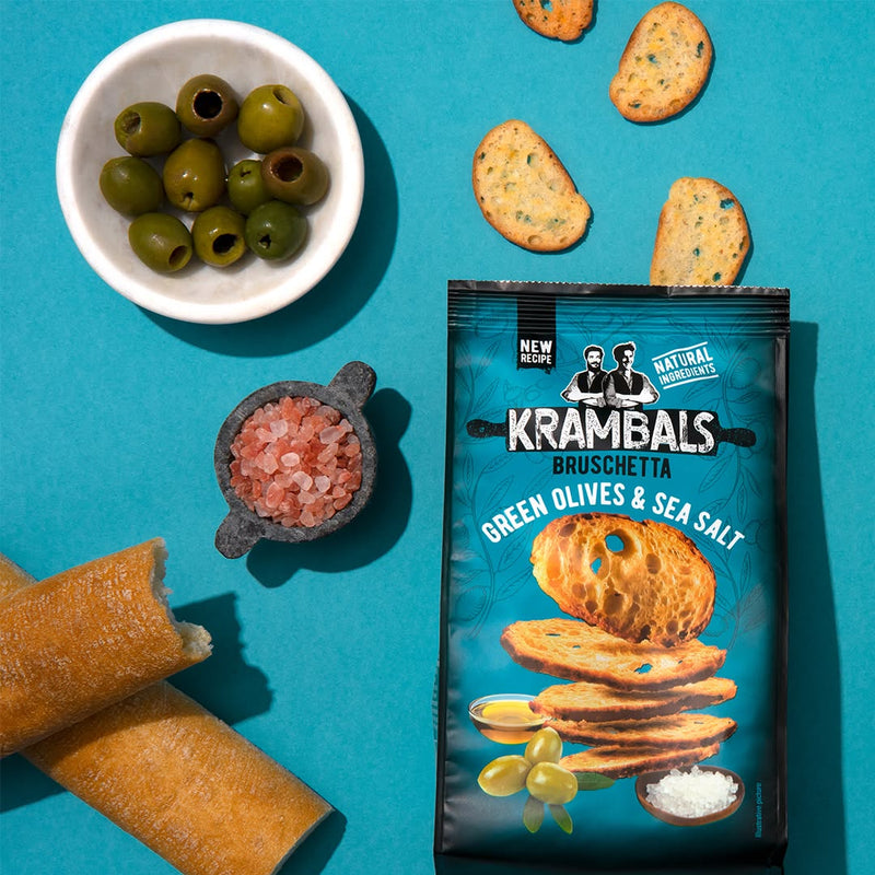 Load image into Gallery viewer, KRAMBALS Bruschetta Green Olives &amp; Sea Salt Crisps 70g - Baked Crisps Bruschetta Bread Snacks Palm Oil Free Cheese Snack Box
