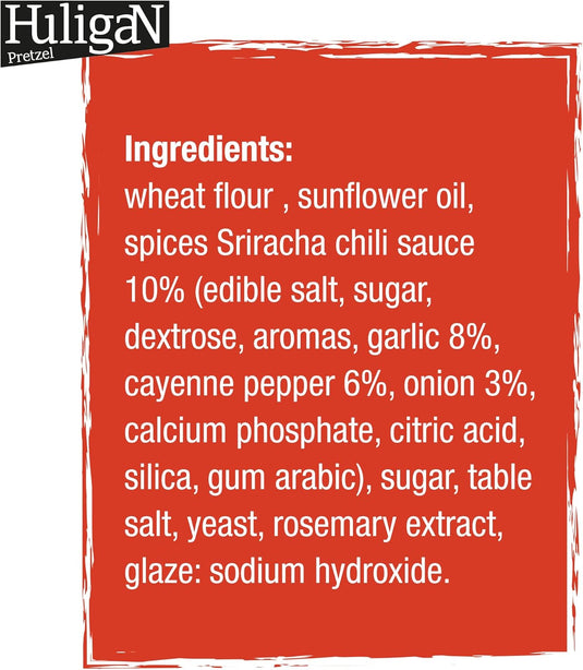 Huligan Pretzels Crush Sriracha Sauce 65G - Baked Pretzel Thins Savoury Snacks Bulk Healthy Vegetarian Snack Box