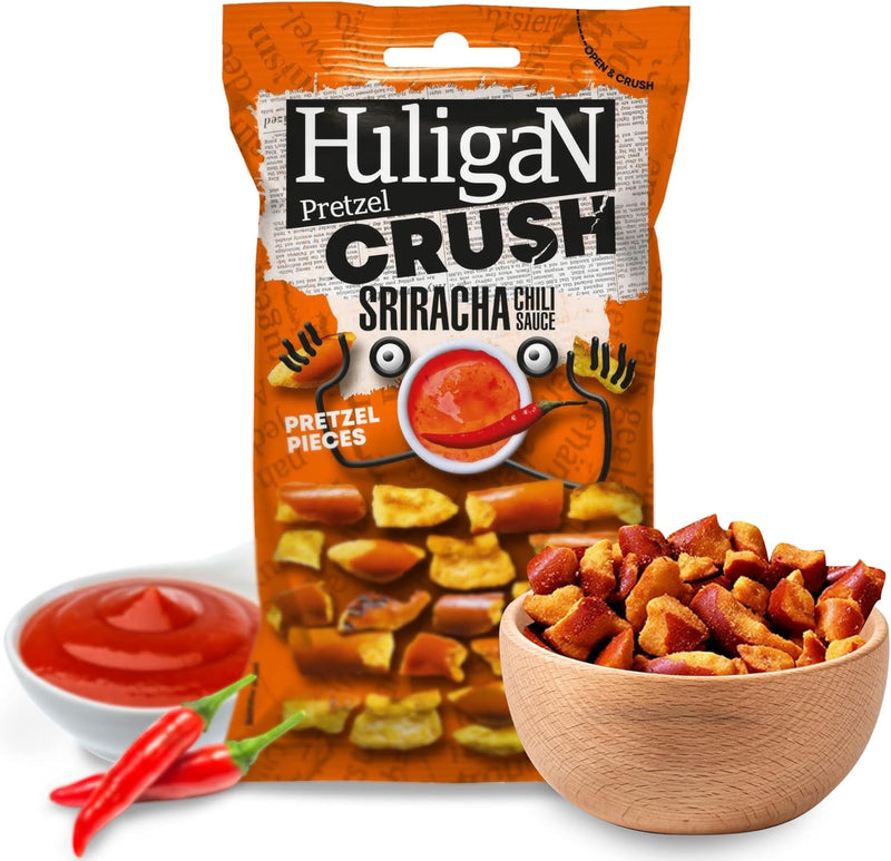 Load image into Gallery viewer, Huligan Pretzels Crush Sriracha Sauce 65G - Baked Pretzel Thins Savoury Snacks Bulk Healthy Vegetarian Snack Box
