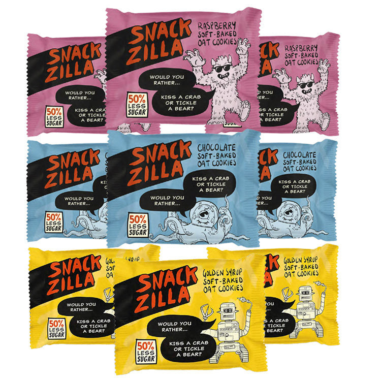 Load image into Gallery viewer, Snackzilla Soft-Baked Oat Cookies – Mixed Bundle | Raspberry | Chocolate | Golden Syrup
