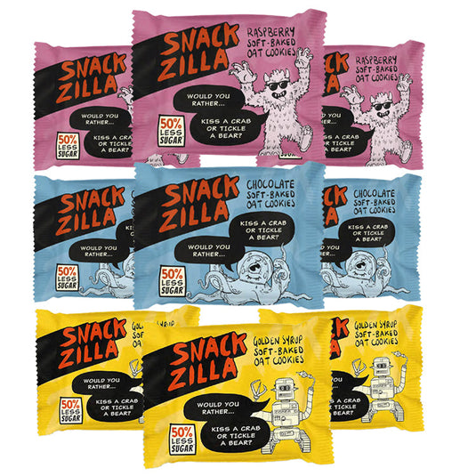 Snackzilla Soft-Baked Oat Cookies – Mixed Bundle | Raspberry | Chocolate | Golden Syrup