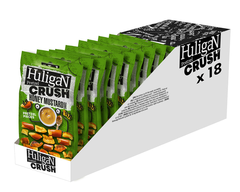 Load image into Gallery viewer, Huligan Pretzels Crush Honey Mustard 65G - Baked Pretzel Thins Savoury Snacks Bulk Healthy Vegetarian Snack Box
