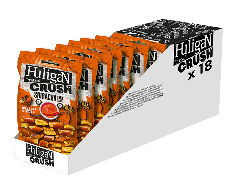 Load image into Gallery viewer, Huligan Pretzels Crush Sriracha Sauce 65G - Baked Pretzel Thins Savoury Snacks Bulk Healthy Vegetarian Snack Box
