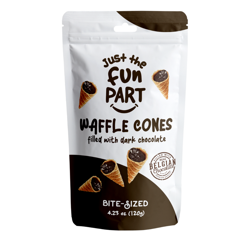 Load image into Gallery viewer, Just The Fun Part Dark Chocolate Waffle Cones with Premium Belgian Chocolate 120g - Chocolate Filled Bite Sized Crispy Mini Waffles
