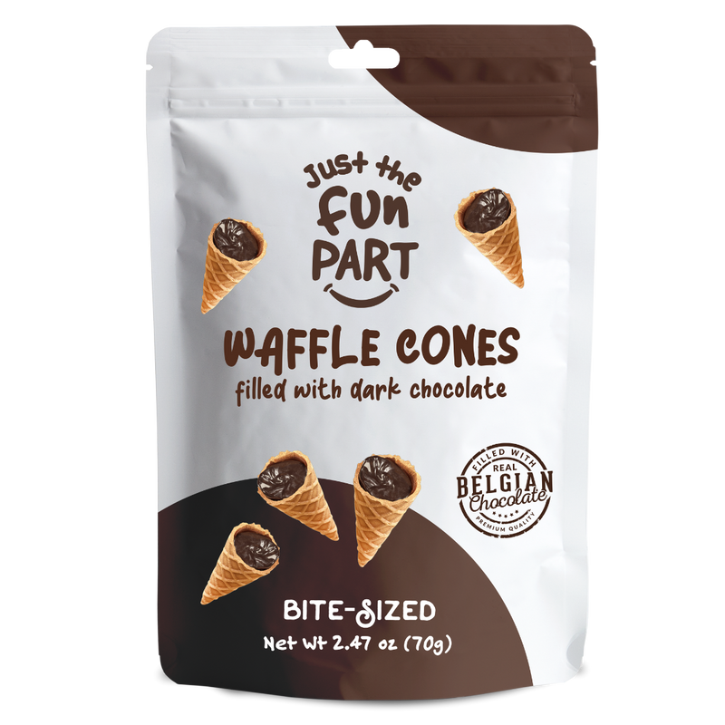 Load image into Gallery viewer, Just The Fun Part Dark Chocolate Waffle Cones with Premium Belgian Chocolate 70g - Chocolate Filled Bite Sized Crispy Mini Waffles
