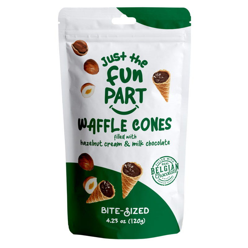 Load image into Gallery viewer, Just The Fun Part Hazelnut Cream &amp; Milk Chocolate Waffle Cones with Premium Belgian Chocolate 120g - Chocolate Filled Bite Sized Crispy Mini Waffles
