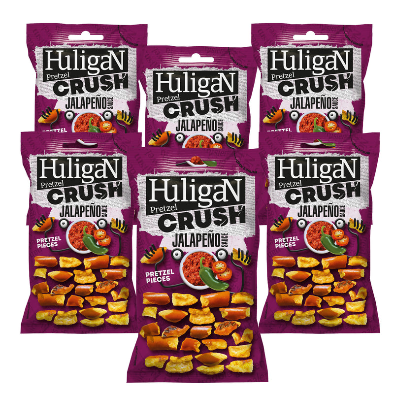 Load image into Gallery viewer, Huligan Pretzels Crush Jalepenos 65G - Baked Pretzel Thins Savoury Snacks Bulk Healthy Vegetarian Snack Box
