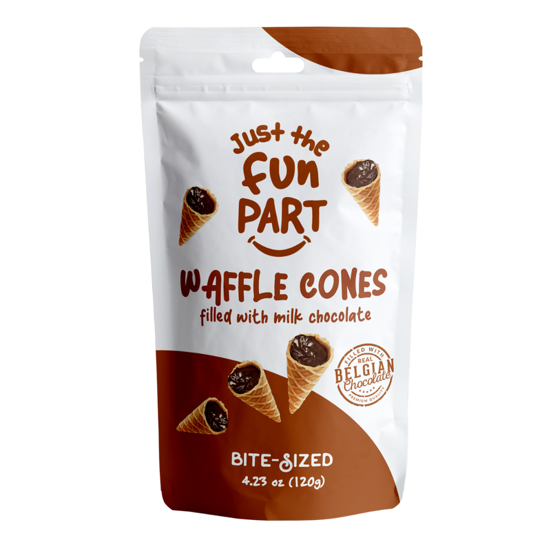 Load image into Gallery viewer, Just The Fun Part Milk Chocolate Waffle Cones with Premium Belgian Chocolate 120g - Chocolate Filled Bite Sized Crispy Mini Waffles
