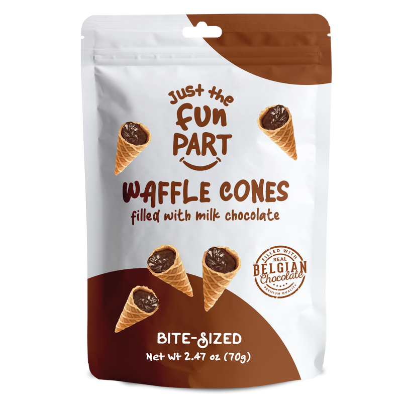 Load image into Gallery viewer, Just The Fun Part Milk Chocolate Waffle Cones with Premium Belgian Chocolate 70g - Chocolate Filled Bite Sized Crispy Mini Waffles
