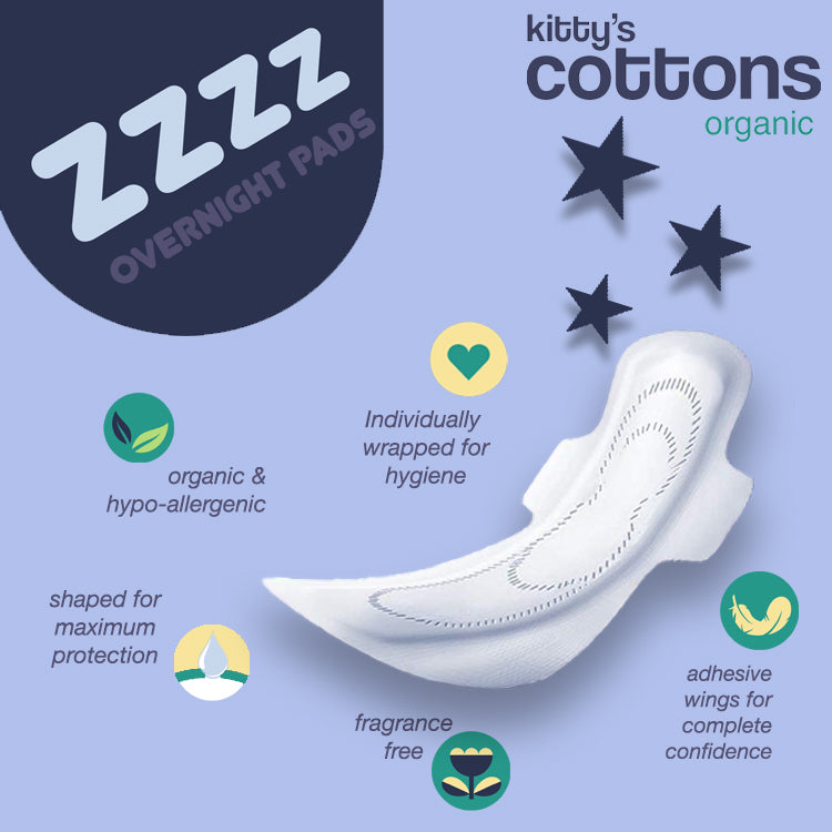 Load image into Gallery viewer, Kitty&#39;s Cottons Organic Overnight Sanitary Pads with 2 set of Wings Heavy Flow Pack of 10
