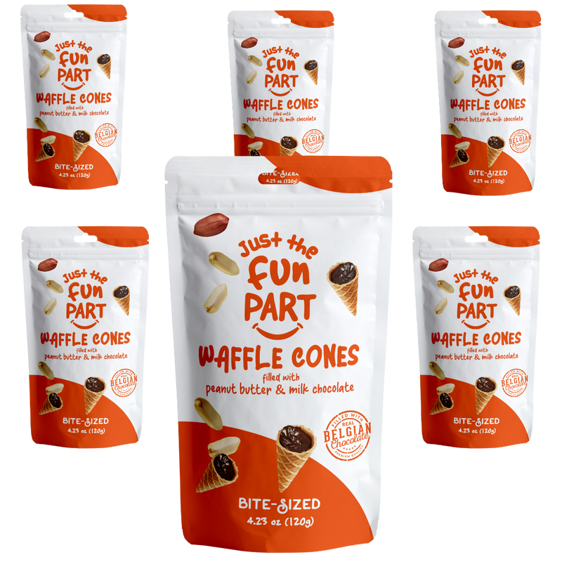 Load image into Gallery viewer, Just The Fun Part Peanut Butter &amp; Milk Chocolate Waffle Cones with Premium Belgian Chocolate 120g - Chocolate Filled Bite Sized Crispy Mini Waffles
