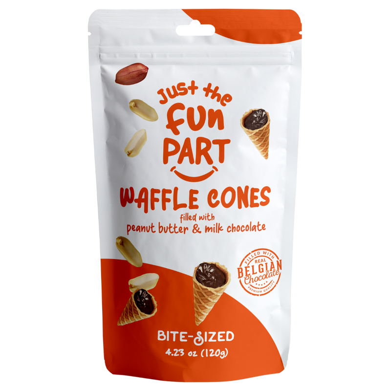 Load image into Gallery viewer, Just The Fun Part Peanut Butter &amp; Milk Chocolate Waffle Cones with Premium Belgian Chocolate 120g - Chocolate Filled Bite Sized Crispy Mini Waffles
