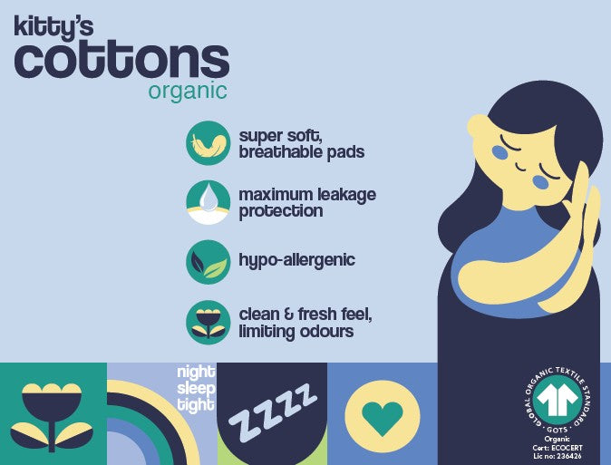 Load image into Gallery viewer, Kitty&#39;s Cottons Organic Overnight Sanitary Pads with 2 set of Wings Heavy Flow Pack of 10
