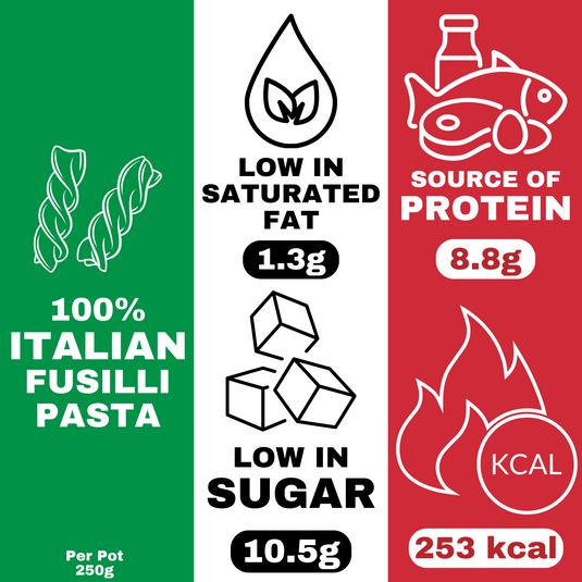 Pasta Nostra | Tomato & Mozzarella | Vegetarian | Instant fusilli pasta with a tomato and mozzarella sauce 70g