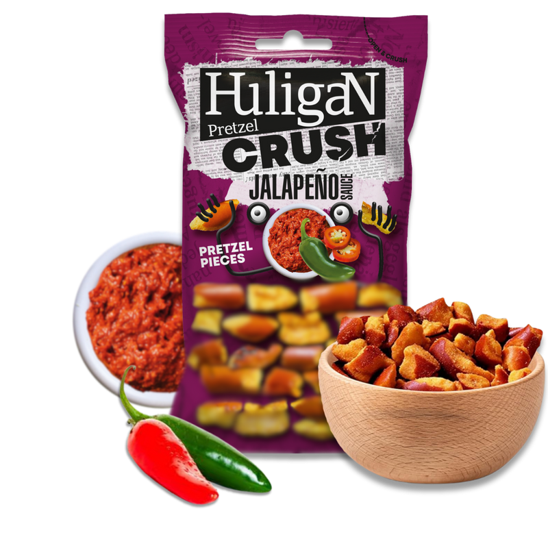 Load image into Gallery viewer, Huligan Pretzels Crush Jalepenos 65G - Baked Pretzel Thins Savoury Snacks Bulk Healthy Vegetarian Snack Box
