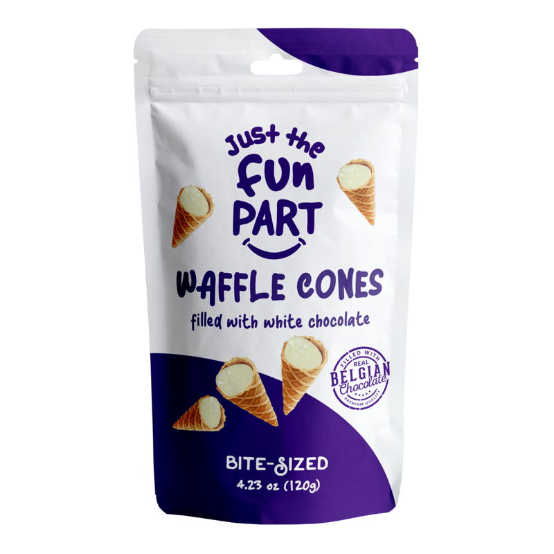 Load image into Gallery viewer, Just The Fun Part White Chocolate Waffle Cones with Premium Belgian Chocolate 120g - Chocolate Filled Bite Sized Crispy Mini Waffles
