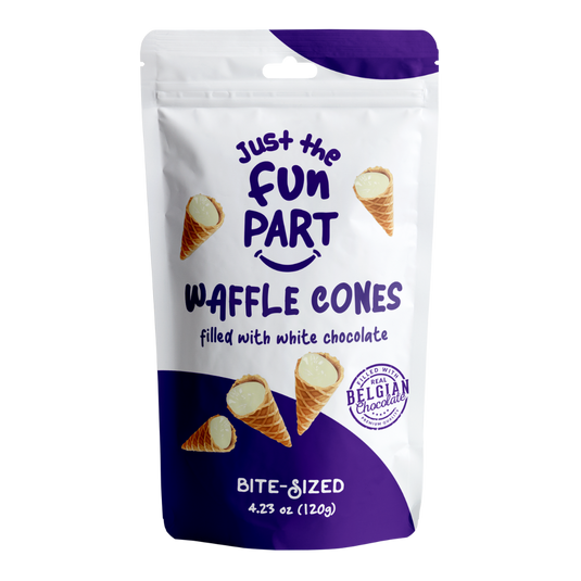 Just The Fun Part White Chocolate Waffle Cones with Premium Belgian Chocolate 120g - Chocolate Filled Bite Sized Crispy Mini Waffles