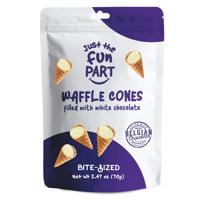 Just The Fun Part White Chocolate Waffle Cones with Premium Belgian Chocolate 70g - Chocolate Filled Bite Sized Crispy Mini Waffles