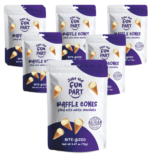 Just The Fun Part White Chocolate Waffle Cones with Premium Belgian Chocolate 70g - Chocolate Filled Bite Sized Crispy Mini Waffles