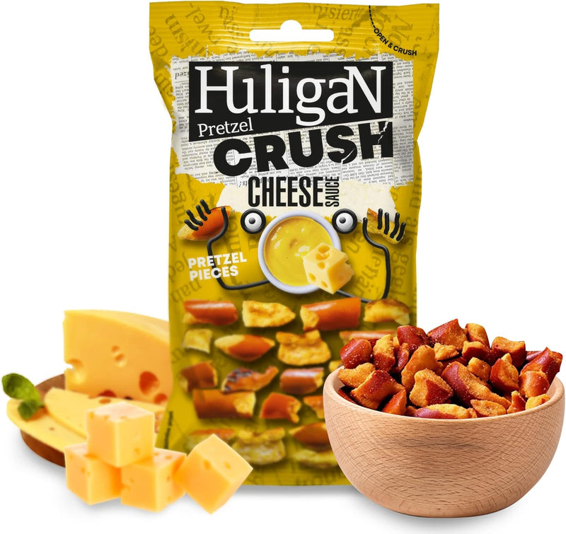 Load image into Gallery viewer, Huligan Pretzels Crush Cheese Sauce 65G - Baked Pretzel Thins Savoury Snacks Bulk Healthy Vegetarian Snack Box
