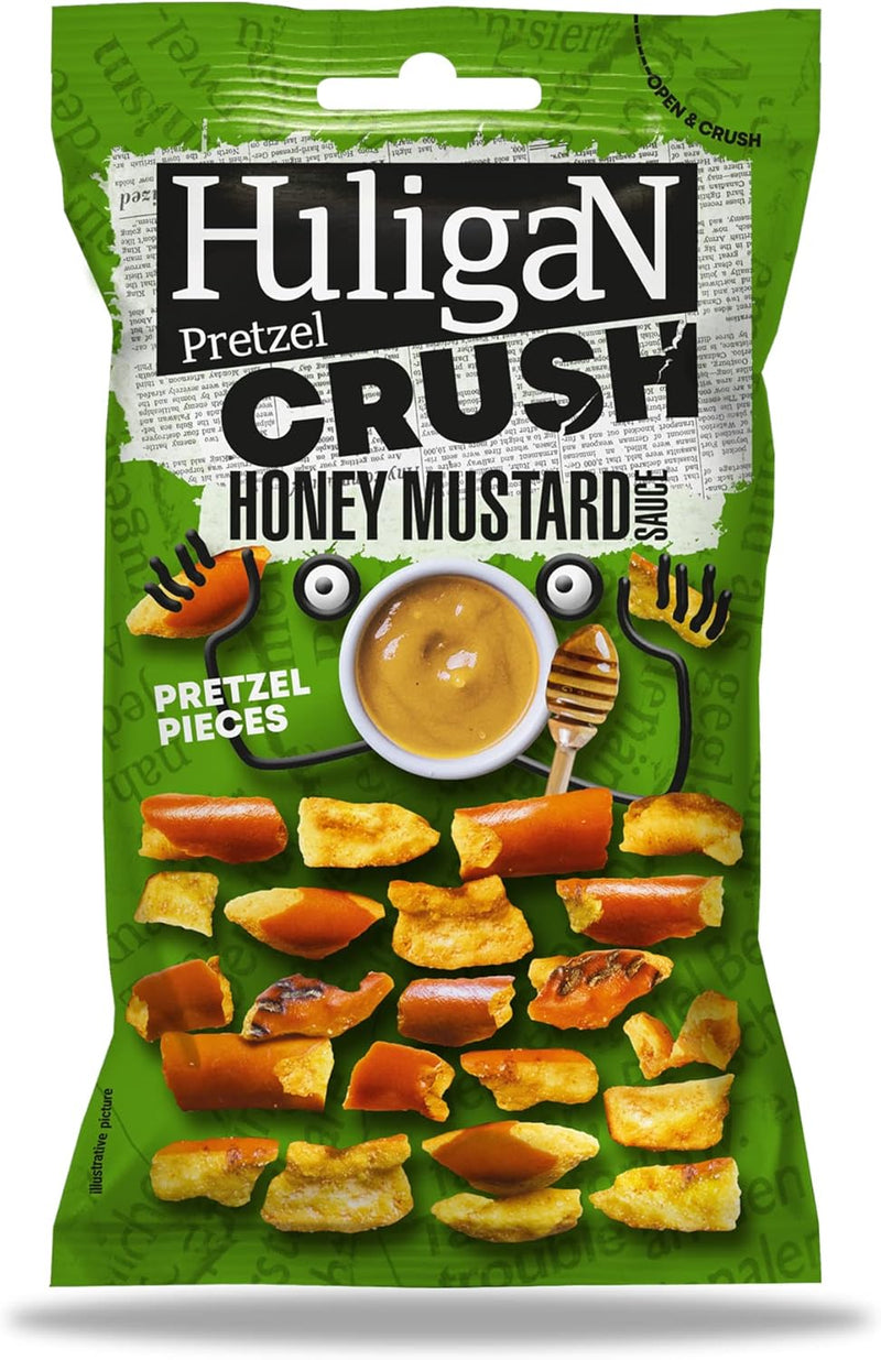 Load image into Gallery viewer, Huligan Pretzels Crush Honey Mustard 65G - Baked Pretzel Thins Savoury Snacks Bulk Healthy Vegetarian Snack Box
