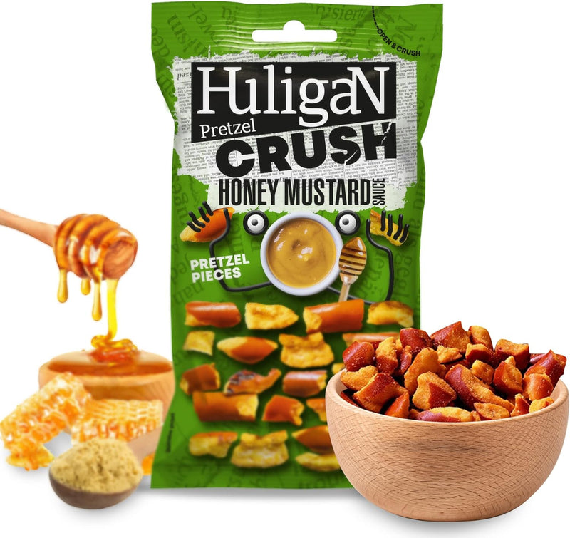 Load image into Gallery viewer, Huligan Pretzels Crush Honey Mustard 65G - Baked Pretzel Thins Savoury Snacks Bulk Healthy Vegetarian Snack Box
