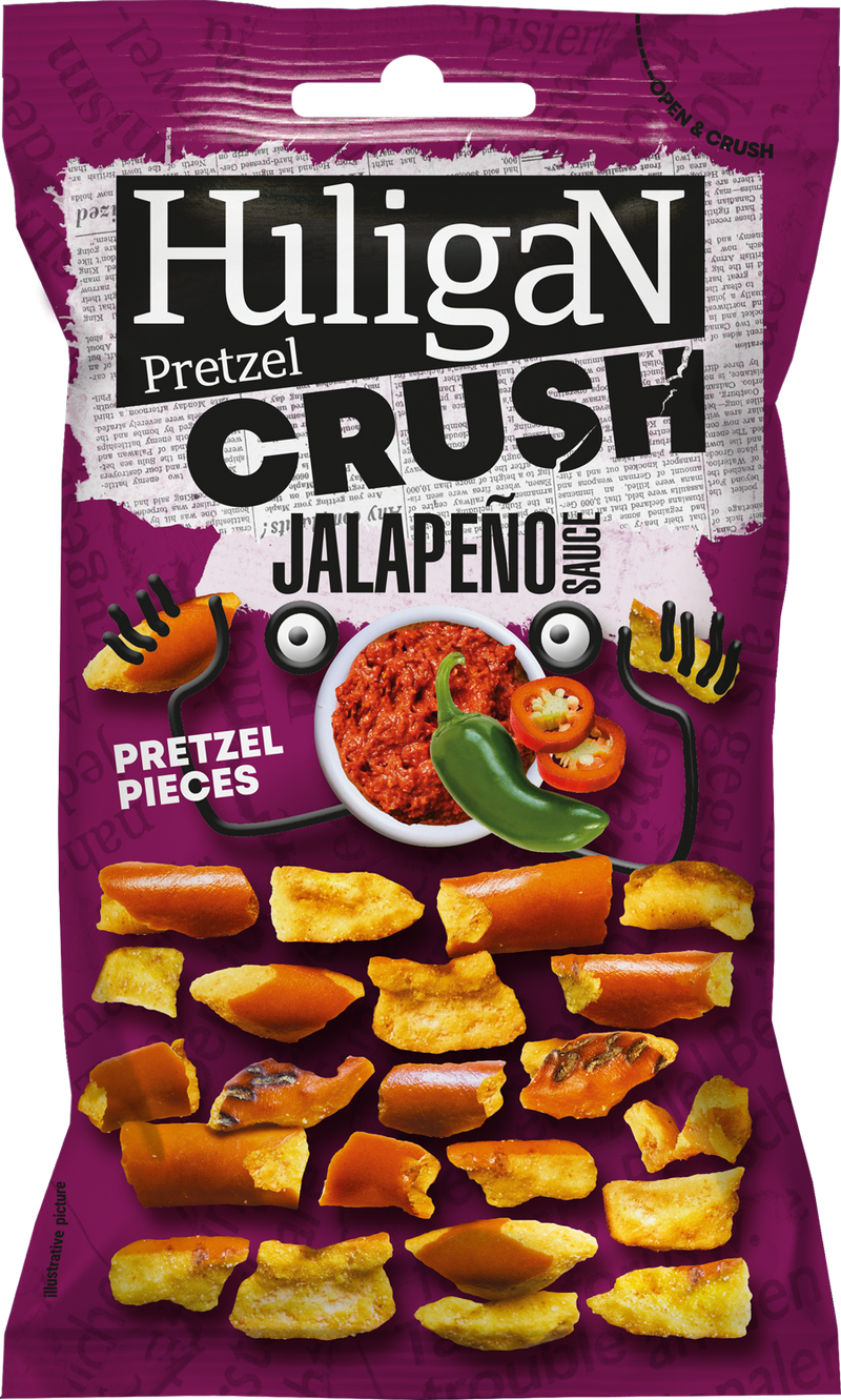 Load image into Gallery viewer, Huligan Pretzels Crush Jalepenos 65G - Baked Pretzel Thins Savoury Snacks Bulk Healthy Vegetarian Snack Box
