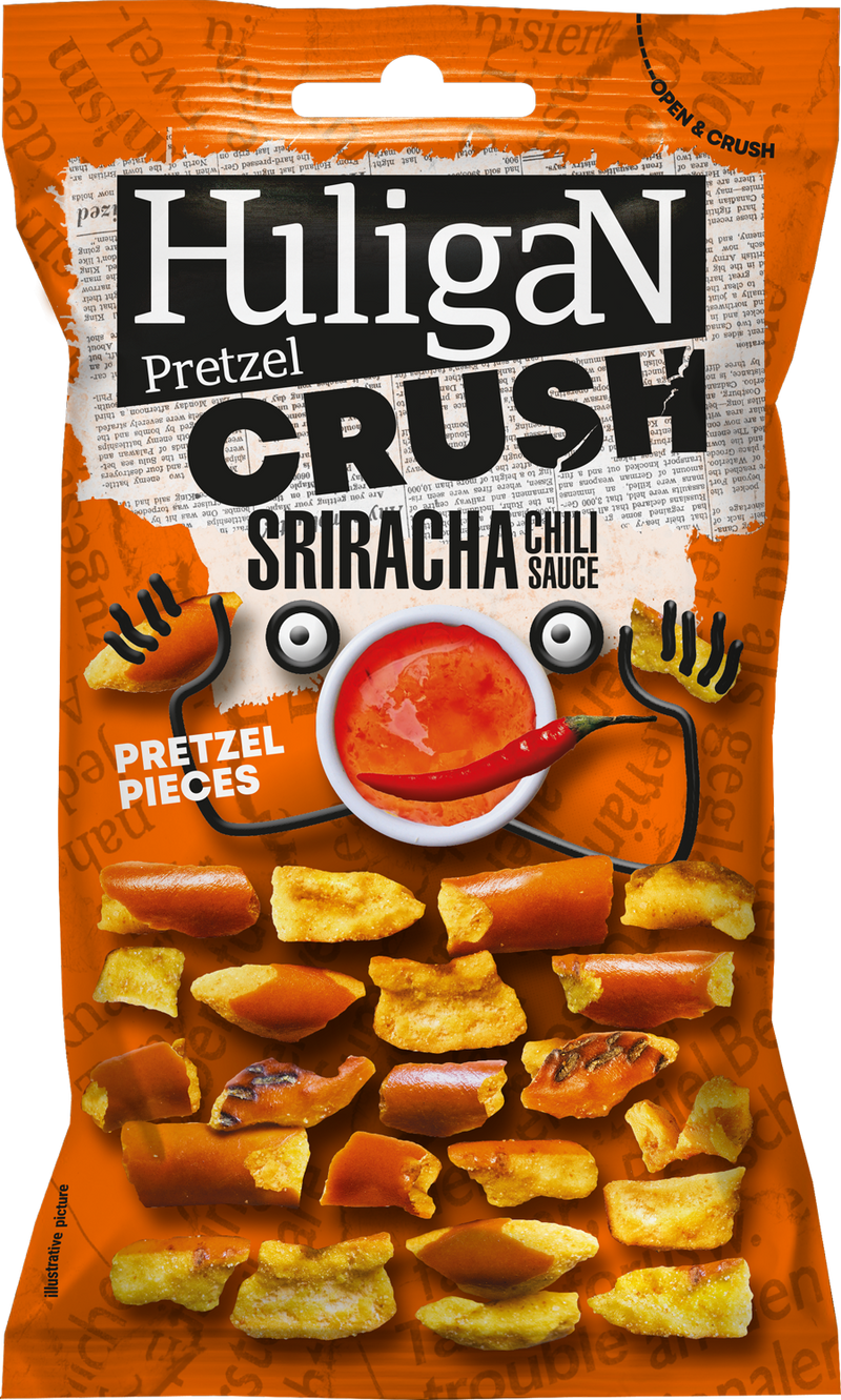 Load image into Gallery viewer, Huligan Pretzels Crush Sriracha Sauce 65G - Baked Pretzel Thins Savoury Snacks Bulk Healthy Vegetarian Snack Box
